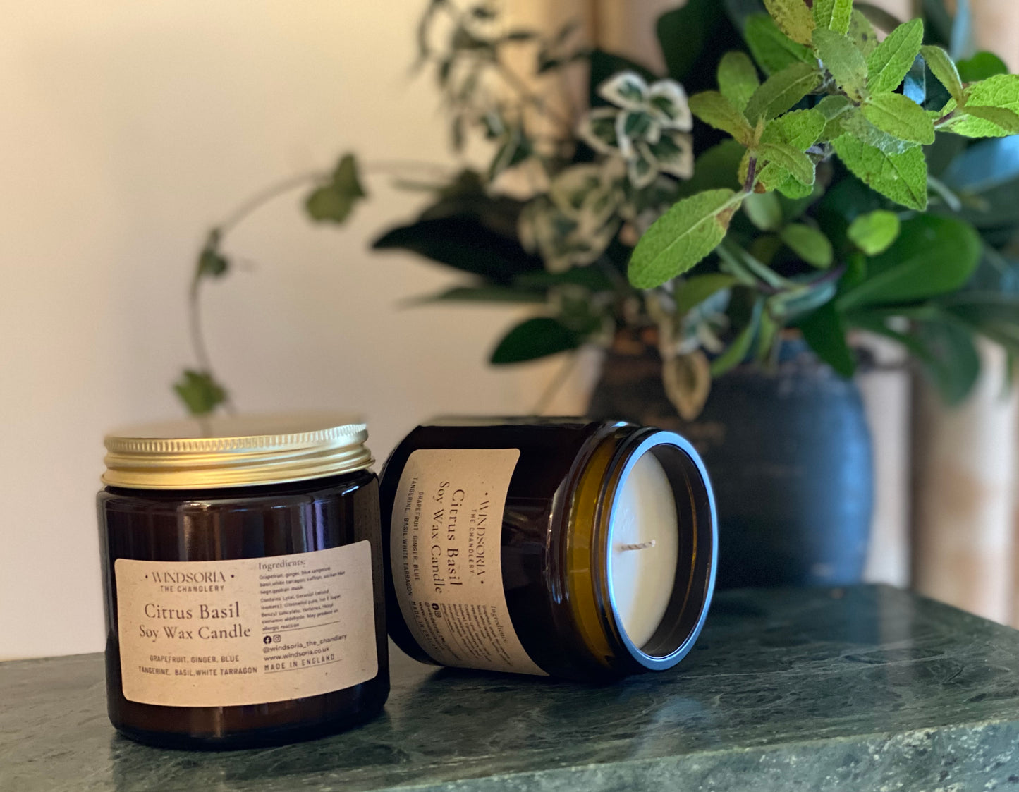Citrus Basil Soy wax Candle _ Amber Jar