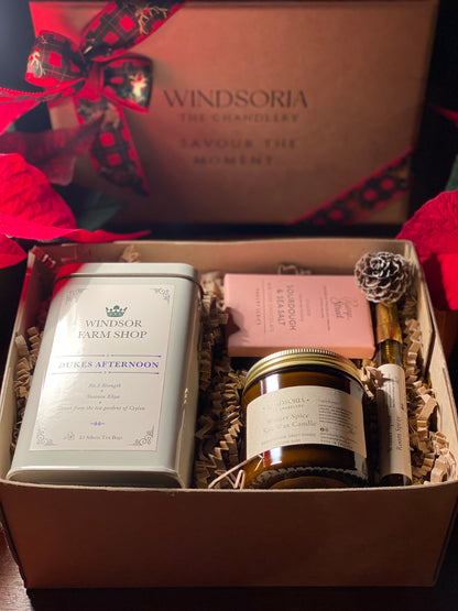 Windsoria The Chandlery luxury Christmas gift box savour the moment tartan ribbon  handcrafted Royal Windsor England premium British Christmas hamper unique festive gift for her him family friends stocking filler secret santa luxury Christmas gift set made in England Windsor Berkshire royal windsor gifts artisan Christmas hamper box natural eco friendly vegan British made festive gift box aromatherapy Christmas gift Royal Windsor chandlery savour the moment Christmas collection premium 