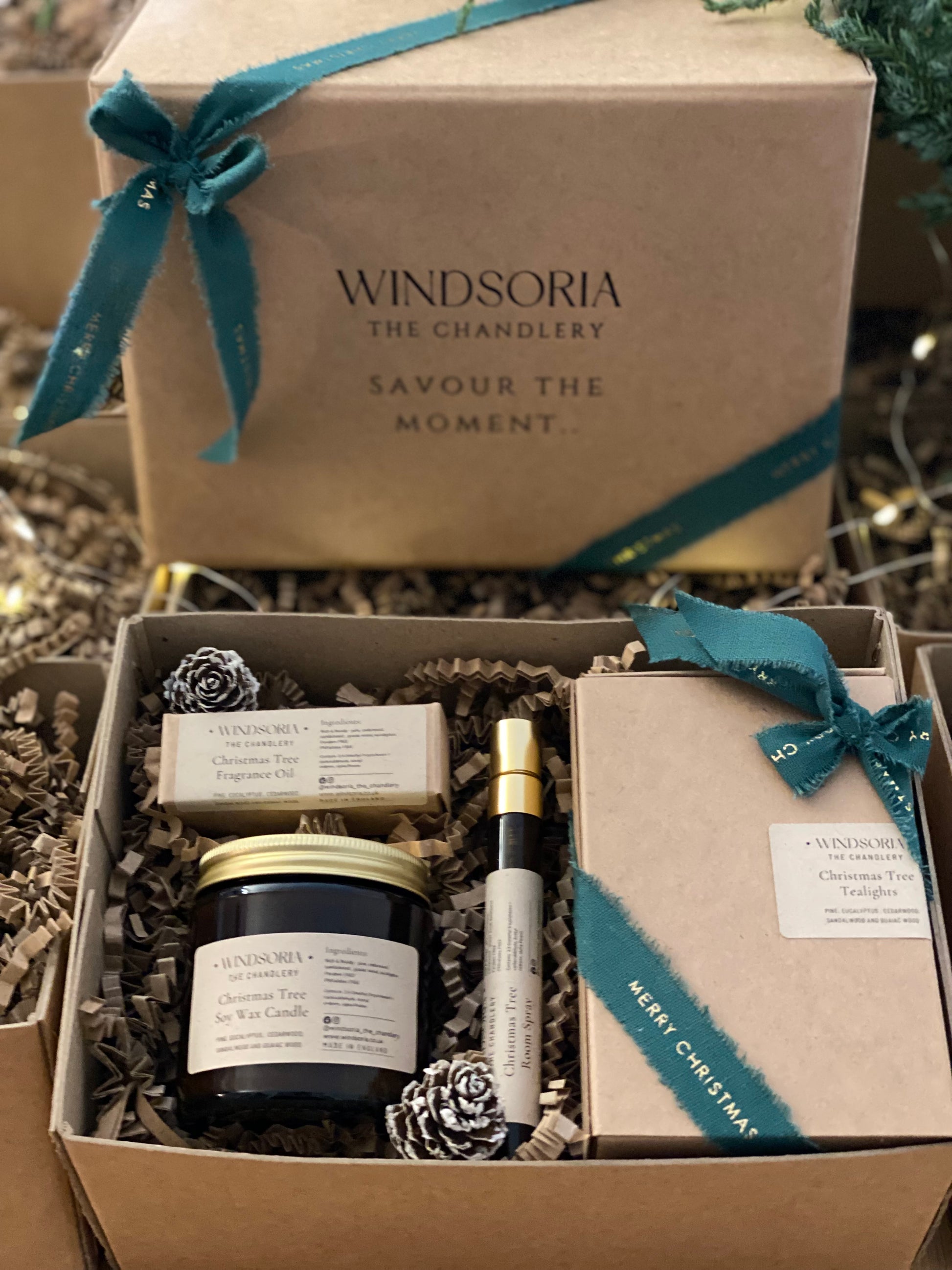 Windsoria The Chandlery luxury Christmas gift box set including Christmas Tree soy wax candle room spray fragrance oil and tealights handcrafted in Royal Windsor Berkshire England perfect Christmas gift for her him couples family friends luxury British Christmas gift made in England eco friendly vegan soy wax candle gift set aromatherapy Christmas gift Windsor souvenir festive home fragrance gift set natural candles Christmas unique Christmas gift ideas UK premium Christmas hamper Royal Windsor gifts savour
